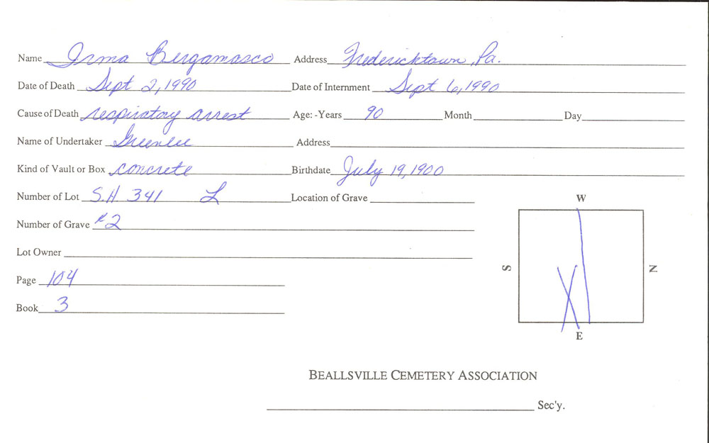Irma Bergamasco  burial card